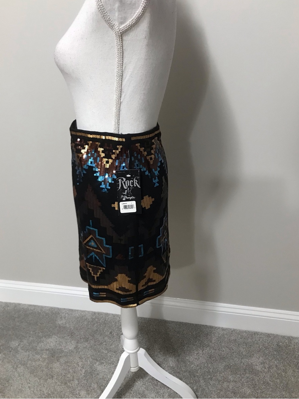 NWT Sequin Aztec Mini Skirt with Blue and Gold Accents - Picture 3 of 7